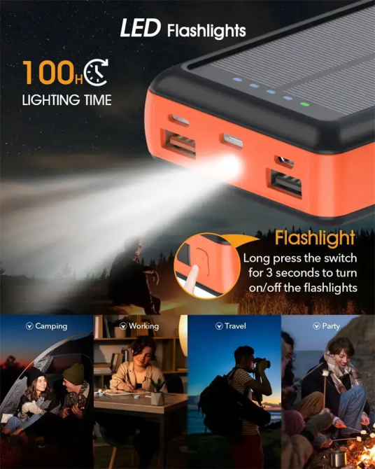 Зарядний пристрій на сонячних батареях Powerbank 619S 20000mAh із ліхтариком та швидкою зарядкою Вінниця - фото 6