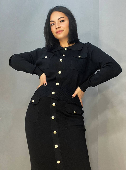 Костюм жіночий De Red 8672 кардиган з комірцем та довга спідницею золоті гудзики one size чорний , ч Одеса - фото 5