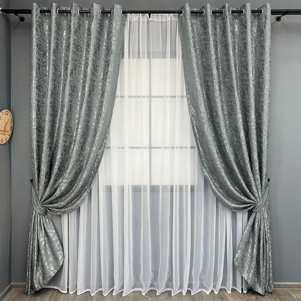 Комплект штор на люверсах VR-Textil Льон мармур Pavliani ХО № 1264ш Сірий 150х250 см 2 шт (37-0317) Київ - фото 2