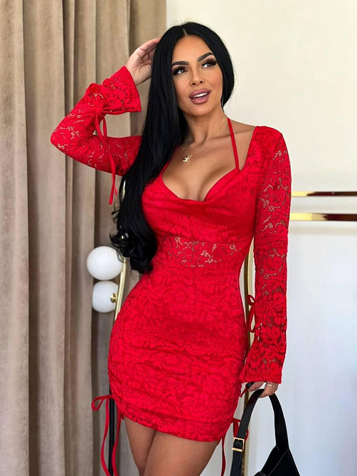 Жіноча стильна святкова мереживна мініплаття із зав'язками, мереживо + підкладка трикотаж олія червона, 42/44 Одеса - фото 1