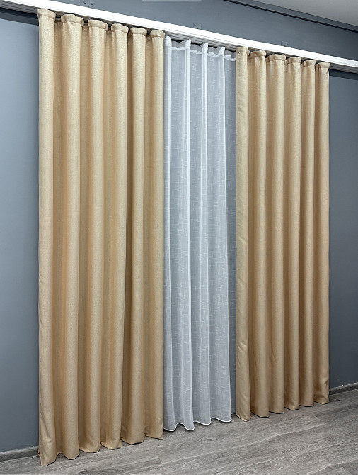 Комплект штор VR-Textil Лен Мешковина 100х270 2шт и Тюль 400х270 1162ш-115т Бежевый с белым 71-018/2 Киев - изображение 3