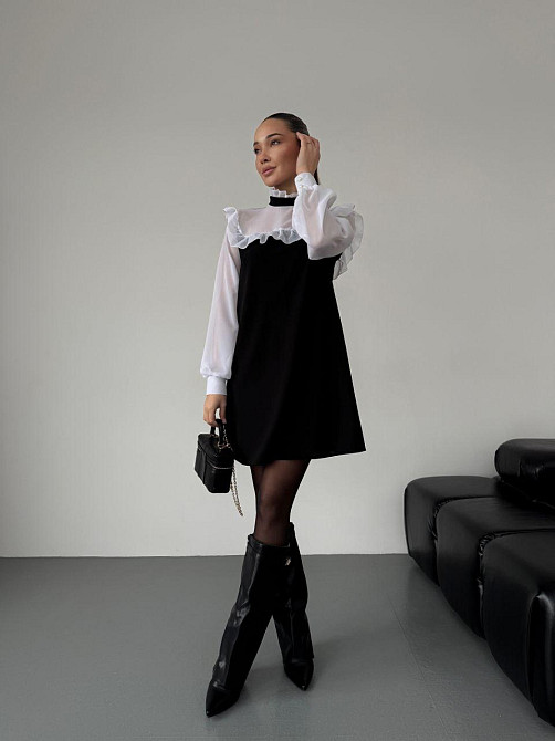 Женское сдержанное базовое платье с рюшами креп дайвинг + шифон Одесса - изображение 9