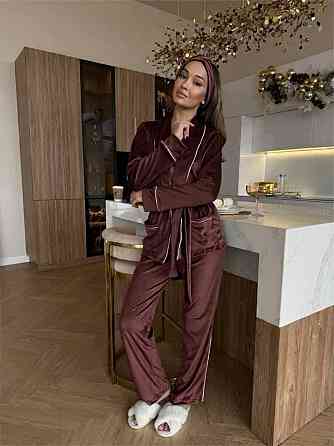 Женская уютная пижама: халат-кимоно, штаны + повязка на голову велюр Шоколад, 46/48 Одесса
