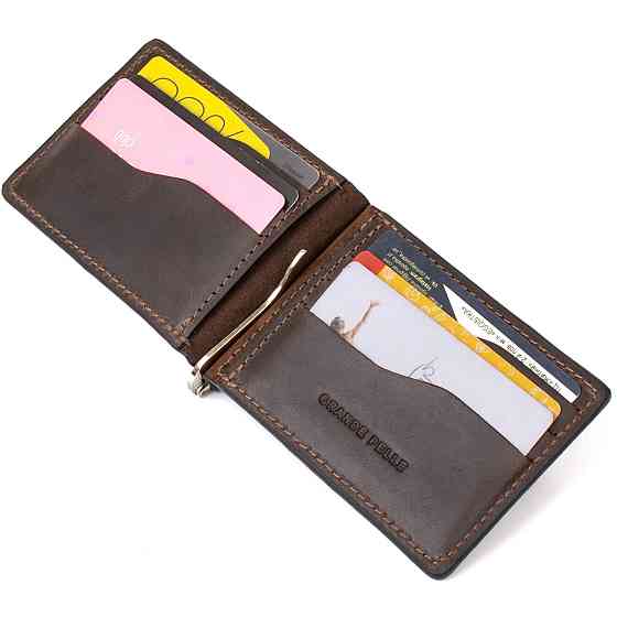 Винтажный кожаный зажим для денег GRANDE PELLE 11473 Коричневый Киев