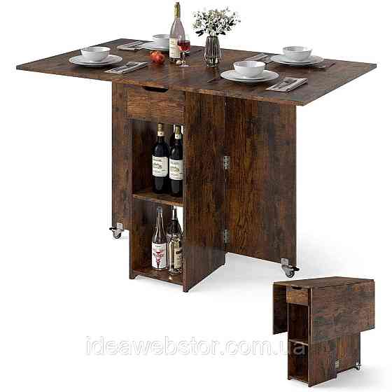 Складной обеденный стол трансформер Costway Compact Dining на колесиках с полками и ящиком компактный лофт коричневый Киев