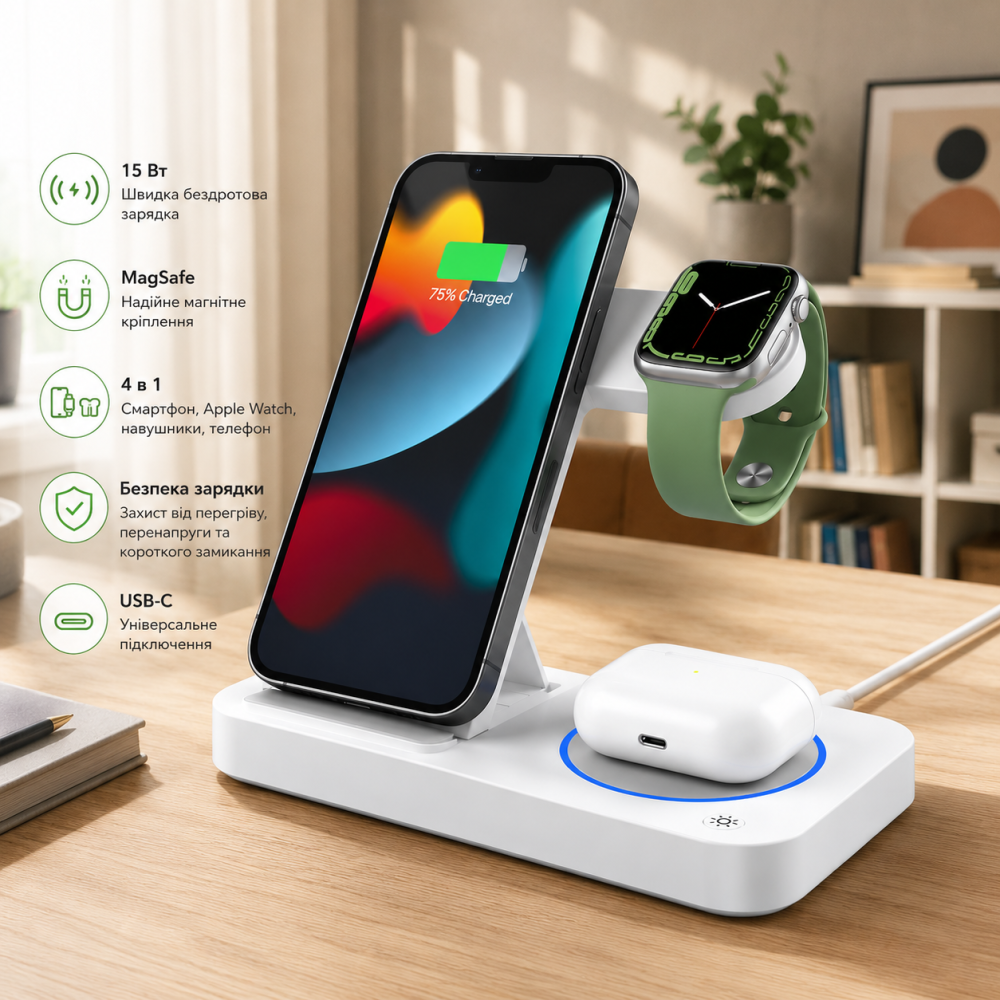 Уцінка Бездротова зарядна станція 4-в-1 MagSafe Wireless Fast Charge 15 Вт для смартфона, Apple Watch, навушників та телефону, USB Київ - фото 8