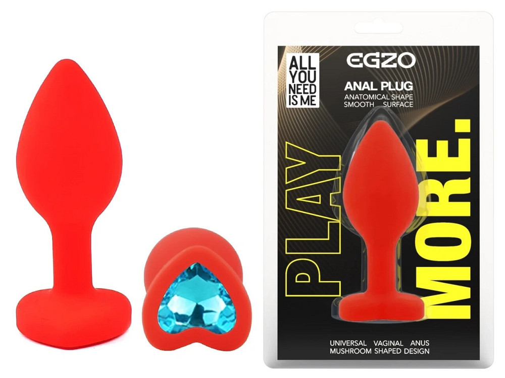 Анальная пробка EGZO Red Heart Plug S с голубым кристаллом, красная силиконовая Sex Aura Киев - изображение 1