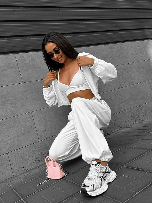 Жіночий костюм-трійка: кофта топ і штани велюр Молочний, 46/48 Одеса - фото 4