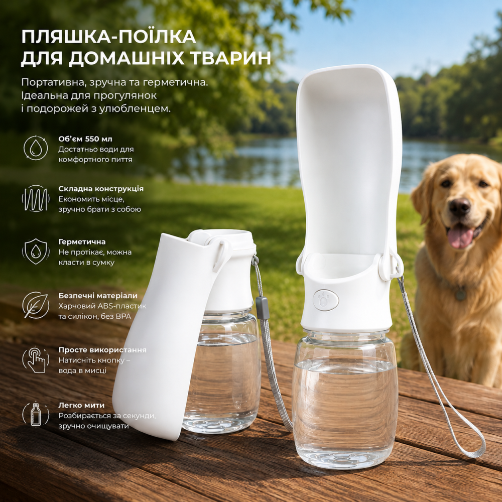 Пляшка-поїлка для домашніх тварин 550 мл, дорожня поїлка для собак і котів, портативна, герметична, складана Київ - фото 6