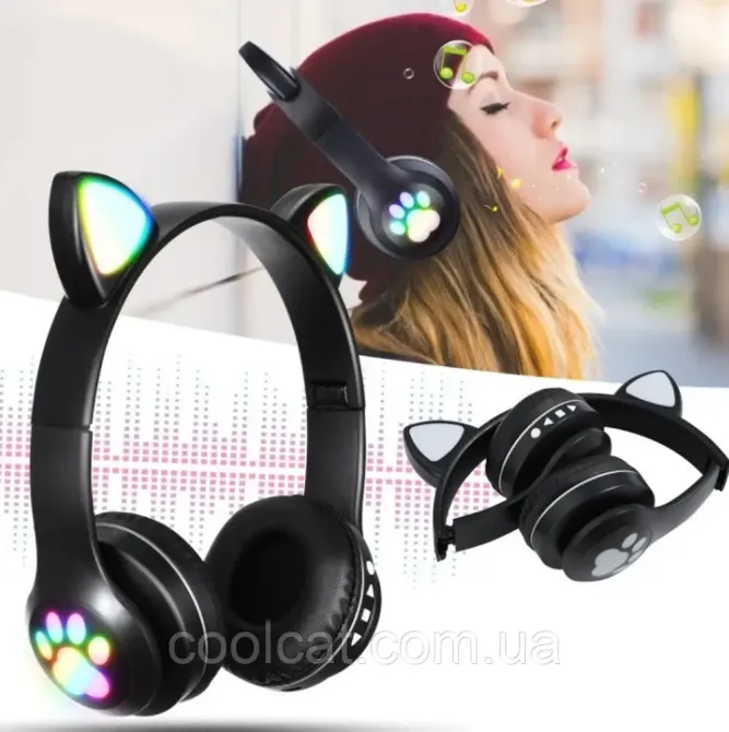 Бездротові Bluetooth навушники VZV-23M на 400 mah з вушками, Чорні / Дитячі навушники з підсвічуванням Київ - фото 2