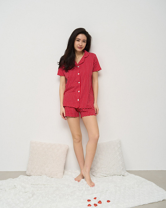 Женская пижама комплект красная с шортиками - мелкие сердечки Nicoletta 60199 XL Киев - изображение 5