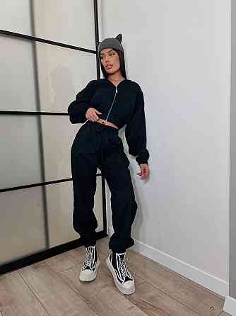 Женский прогулочный спортивный костюм двойка: кофта и штаны микровельвет Черный, 42/44 Одесса