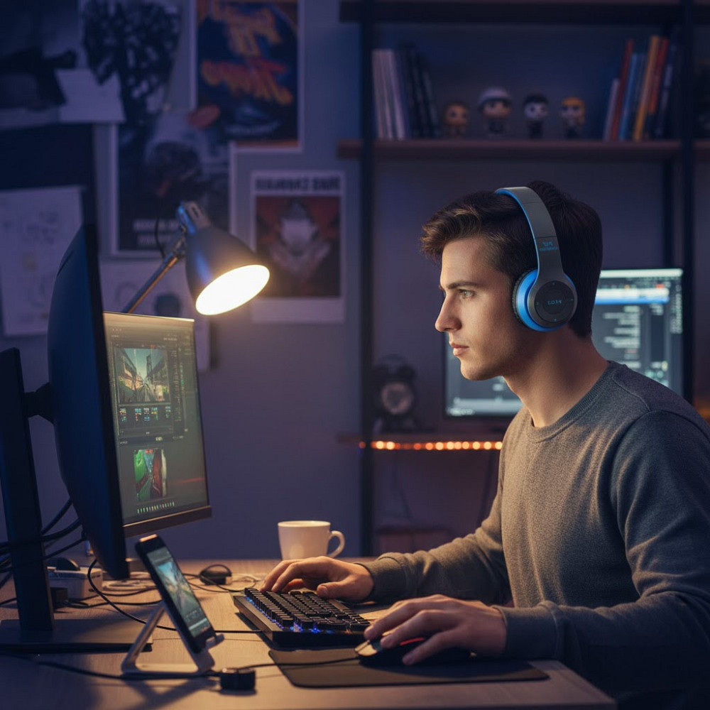 Бездротові Bluetooth-навушники з мікрофоном і Mp3 плеєром, P47, Синій/Стереогарнітура/Накладні навушники блютуз Київ - фото 2