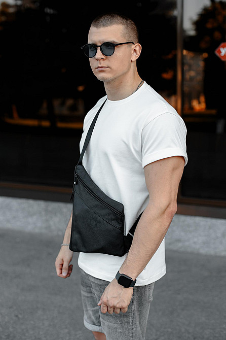 Сумка-слінг із натуральної шкіри, сумка через плече чоловіча SL024 (Чорна) Суми - фото 6