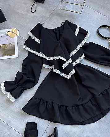 Женское романтичное платье с длинным рукавом костюмка + кружево Черный, 44/46 Одесса