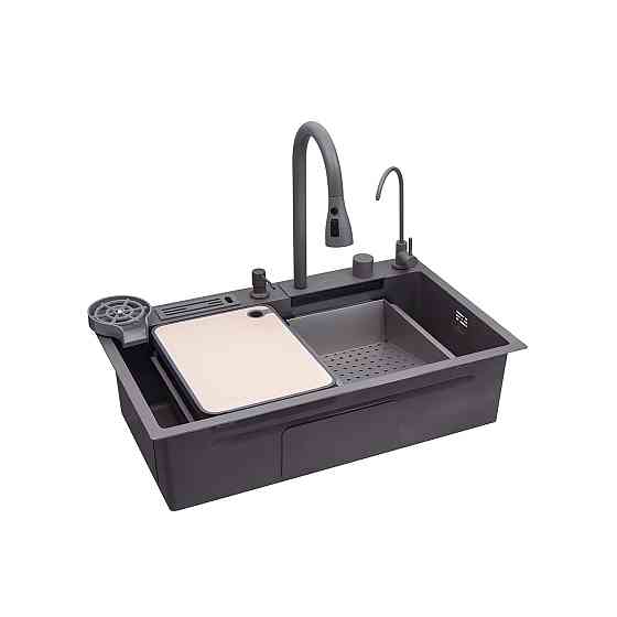 Кухонная мойка Kroner KRP Schwarze 75х46 - SET7545NG PVD (3.0/0.8 мм) со смесителем, краном и дозатором, серая Киев