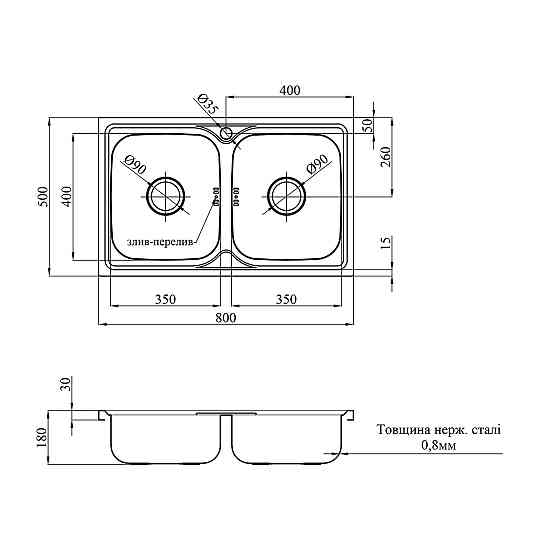Накладная кухонная мойка Kroner KRP Satin - 5080Z (0.8 мм) на две чаши Киев