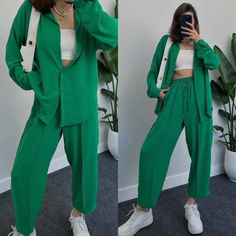 Женский легкий брючный костюм двойка: рубашка и брюки американский креп Зелёный, 44/46 Одесса - изображение 1