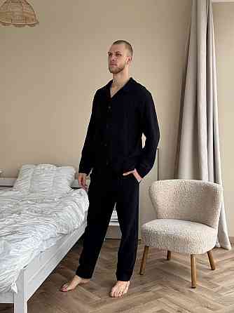 Чоловічий домашній костюм з муслінової тканини на ґудзиках Чорний M-L Харків