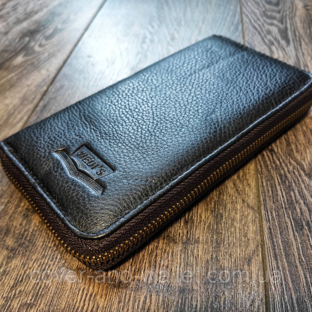 Недорогий чоловічий гаманець на блискавці з натуральної шкіри чорного кольору Wedis Київ - фото 2