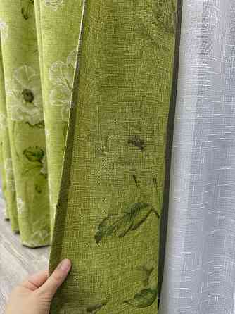 Комплект штор VR-Textil Лен Прованс 100х270 2шт и Тюль 300х270 2077ш-115т Оливковый с белым 71-212/1 Киев