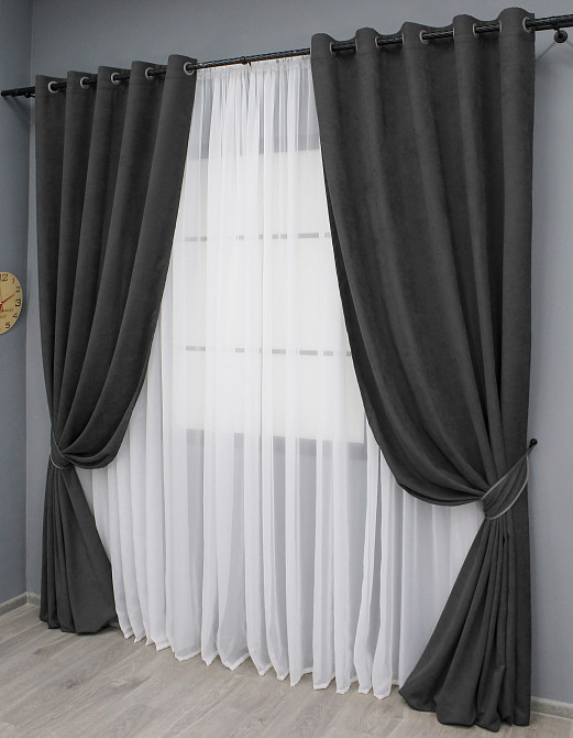 Комплект штор на люверсах VR-Textil Микровелюр Petek № 1495ш 150х270 см 2 шт Темно-сірий (37-0213) Київ - фото 3