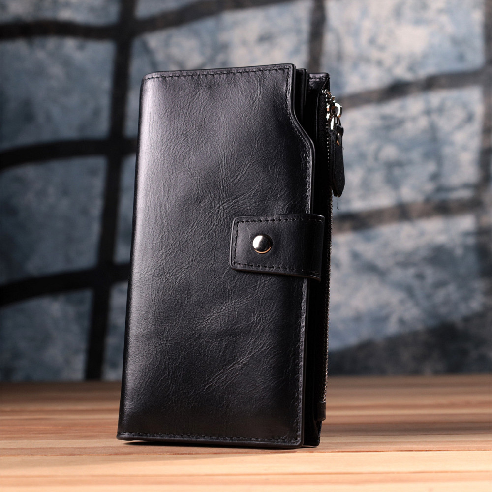 Вертикальный стильный кошелек из гладкой натуральной кожи Vintage 22885 Черный Киев - изображение 10