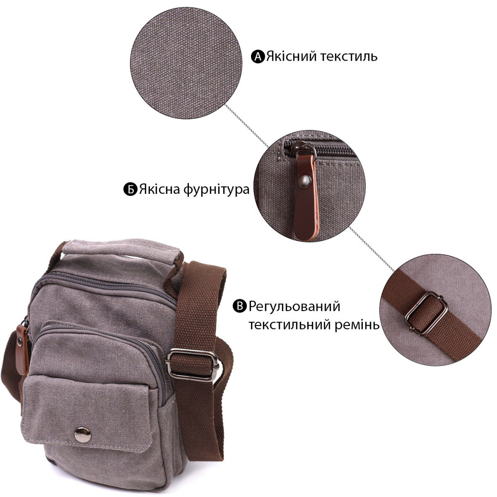 Небольшая мужская сумка из плотного текстиля Vintage 22217 Серый Киев - изображение 4