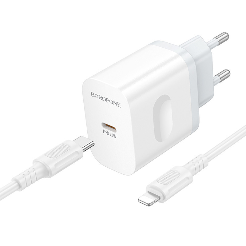 Мережевий зарядний пристрій з кабелем BOROFONE BA99A Breeze single port PD20W charger set(C to iP) White Одеса - фото 4