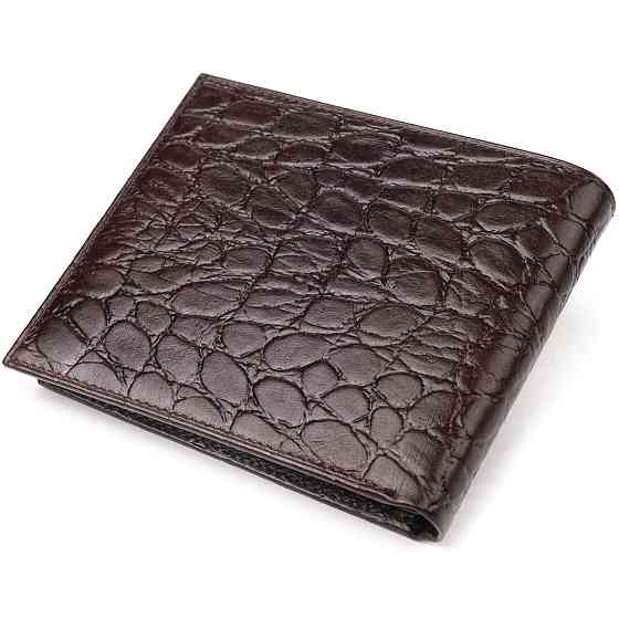 Цікавий гаманець для чоловіків у два складення з натуральної фактурної шкіри з тисненням під крокодила Коричневий (CANPELLINI) Київ