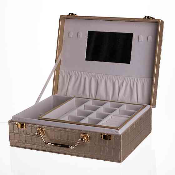 Скринька для прикрас з еко шкіри 19 відділень з дзеркалом 23.5×14×8 см Золотистий HP-5-20GOLD Коломыя