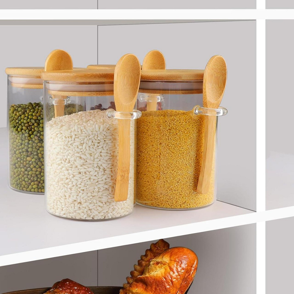 Банки для зберігання набір 4 шт 500 мл скляні ємності з ложкою кришкою наклейками для кухні чаю кави круп горіхів сухих продуктів Київ - фото 6