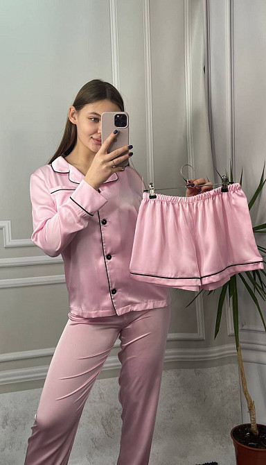 Комплект шовковий трійка сорочка з шортами і штанами Зефірний L Харків - фото 1