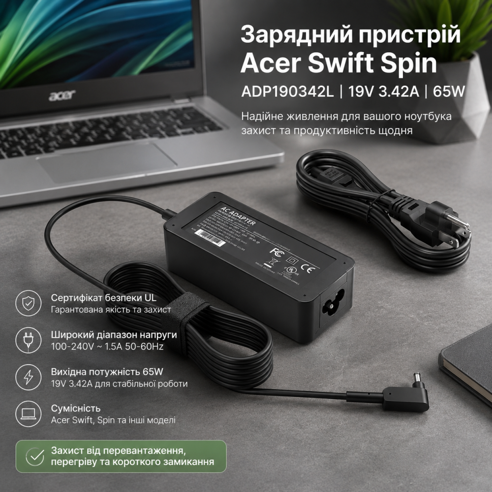 Зарядний пристрій для ноутбука Acer Swift Spin ADP190342L 19V 3.42A 65W з сертифікатом безпеки UL та широким діапазоном вхідної на Київ - фото 8