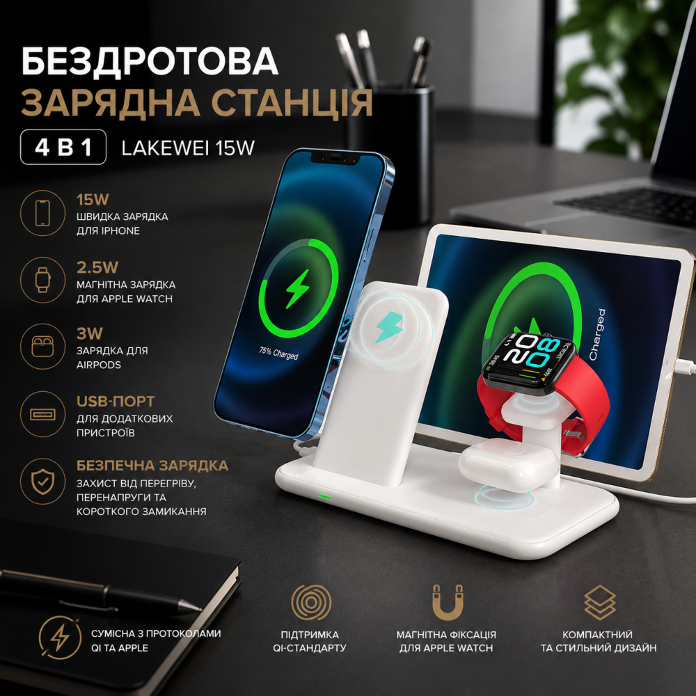 Беспроводная зарядная станция 4 в 1 Lakewei 15 Вт Белая (Док-станция для iPhone, Apple Watch, AirPods + USB-порт) Киев - изображение 7