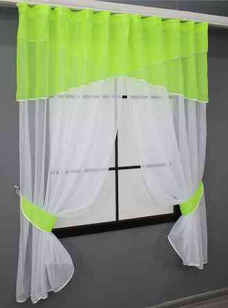Кухонные шторы VR-Textil № 091к с ламбрекеном и подвязками неоново-салатовый с белым 280х170 см (52-0686) Киев