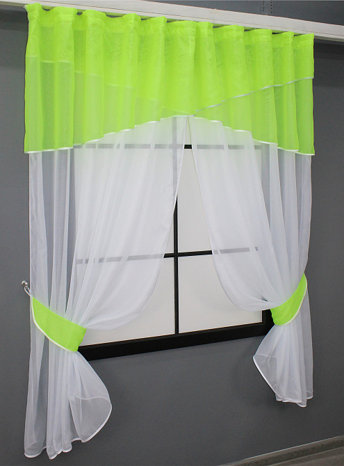 Кухонные шторы VR-Textil № 091к с ламбрекеном и подвязками неоново-салатовый с белым 280х170 см (52-0686) Киев - изображение 2