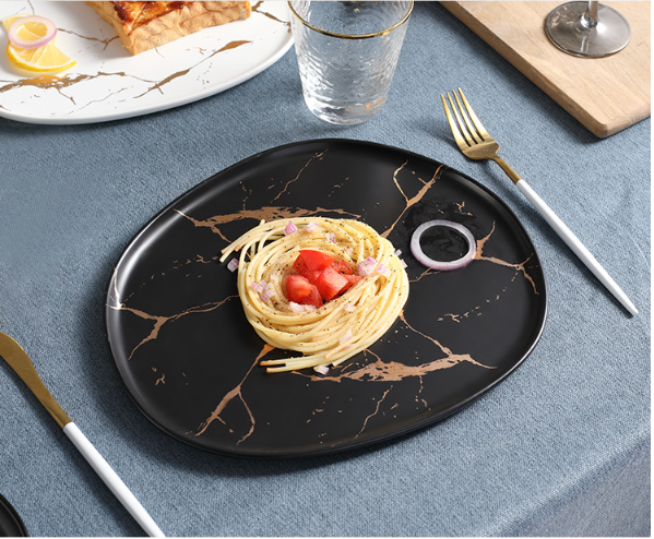 Тарелка Мраморная роскошь ЧЕРНАЯ фарфоровая под мрамор 24 см  СРЕДНЯЯ столовая тарелка Кременчуг - изображение 6