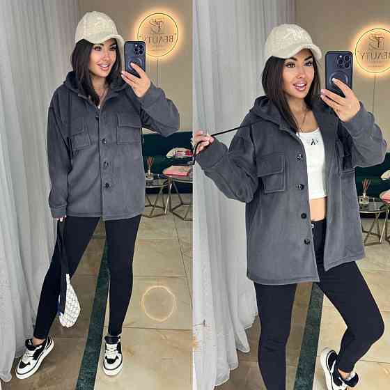 Женская теплая рубашка на пуговицах с капюшоном и двумя накладными карманами турецкий плотный флис Графит, 42/44 Одесса