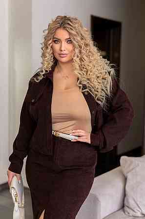 Женский стильный костюм двойка: жакет и юбка микровельвет Шоколадный, 48 Одесса