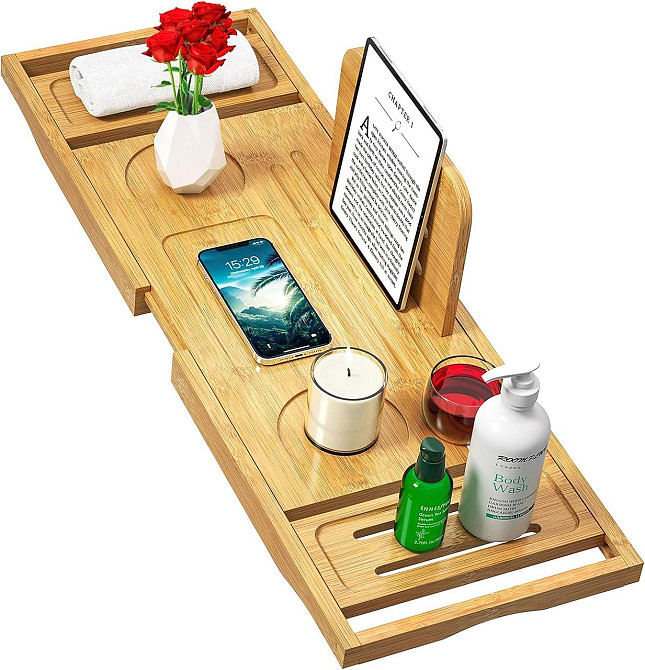 Піднос для ванни Bathtub Tray Caddy бамбук розсувний підставка для келиха планшета регульований Київ - фото 1