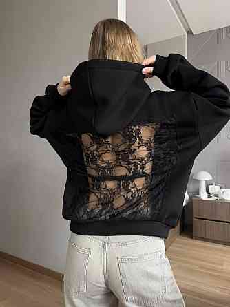 Жіноча стильна тепла худі з відкритою спиною трьохнитка пеньє на флісі та мереживо Одеса