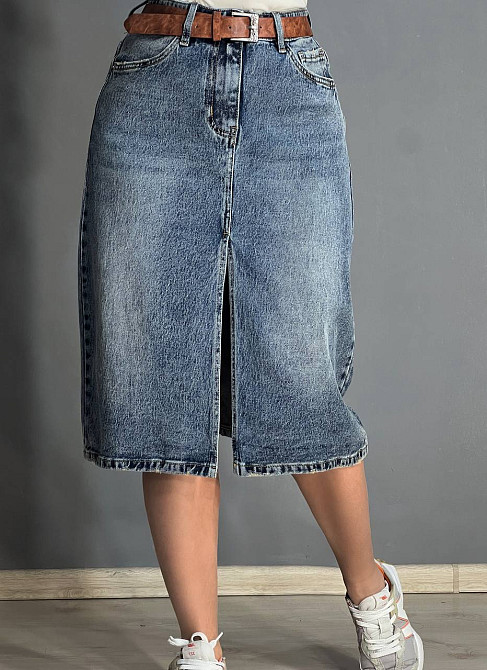 Юбка женская джинсовая ZJY 67001 прямой крой длина ниже колена разрез спереди стрейчевая коричневый ремень синяя, синий, З6, 36, 96 см, 118 см Киев - изображение 11