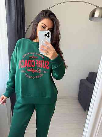 Жіночий теплий оверсайз костюм-двійка: кофта та штани турецька тринитка пеньє на флісі Зелений, 48/50 Одеса
