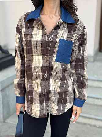 Женская стильная рубашка в клетку с джинсовыми вставками турецкая байка Коричневый, 46/48 Одесса