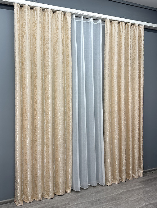 Комплект штор VR-Textil Лен Мрамор 150х270 2шт и Тюль 500х270 1713ш-1276т Айвори с белым 71-010/4 Киев - изображение 3