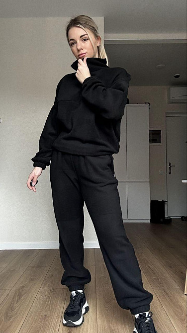 Жіночий теплий прогулянковий костюм-двійка: кофта та штани з полар флісу Чорний, 46/48 Одеса - фото 1