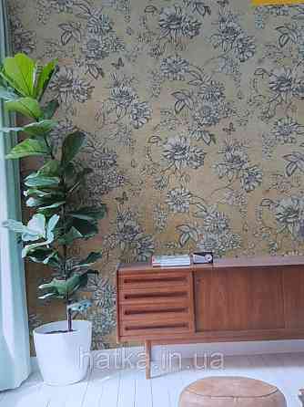 Шпалери вінілові Grandeco One roll one motif 2 SN6001 панно листя гілки метелики на квіти жовто-коричневому Київ