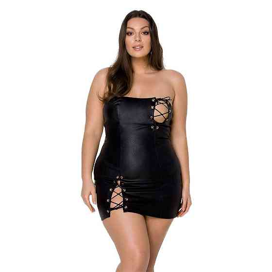 Мини-платье из экокожи Passion CELINE CHEMISE 6XL/7XL, black, шнуровка, трусики в комплекте Sex Aura Киев