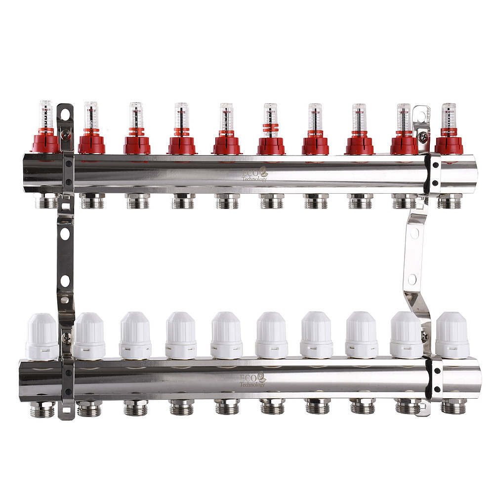 Колектор з вимірювачем витрат, регуляторами та кріпленням ECO001D 1″x10 Тернопіль - фото 1